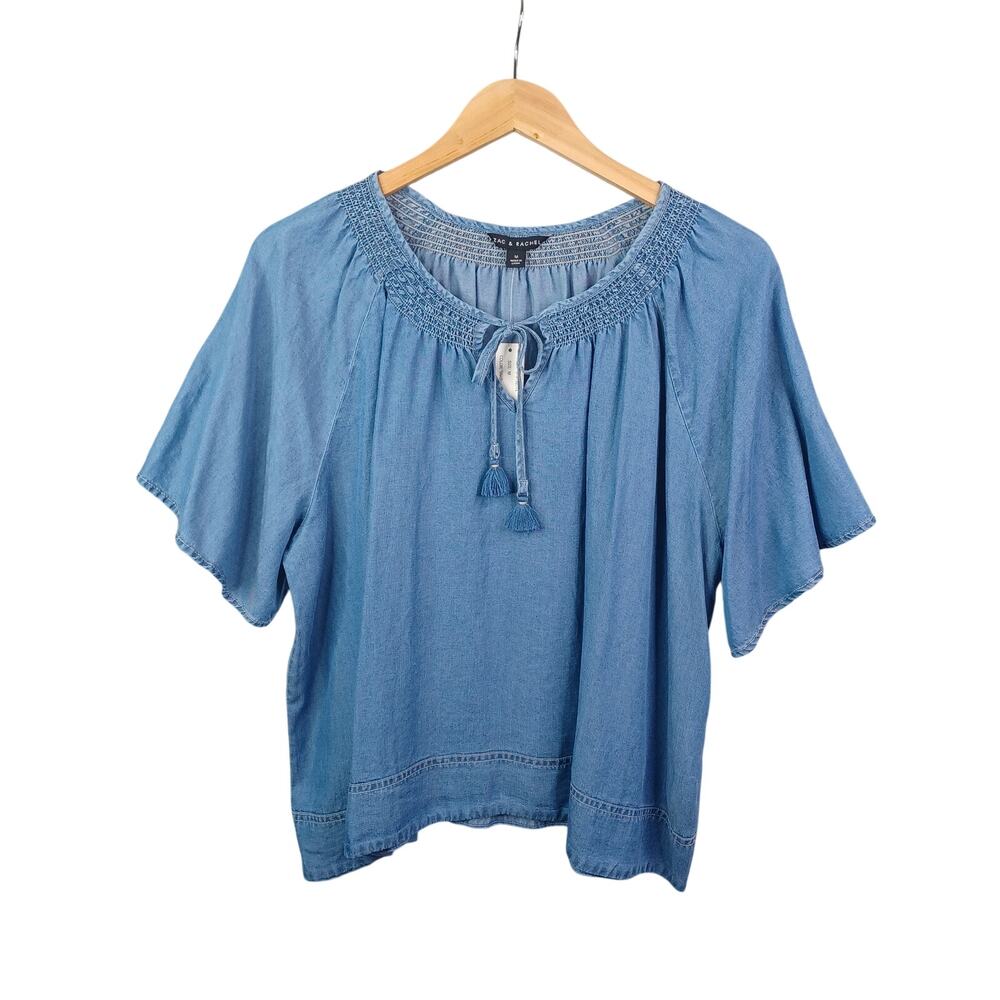 Zac & Rachel Blue Chambray Smocked Tassel‎ Tie-Neck Top Lyocell Size M Boho NWT